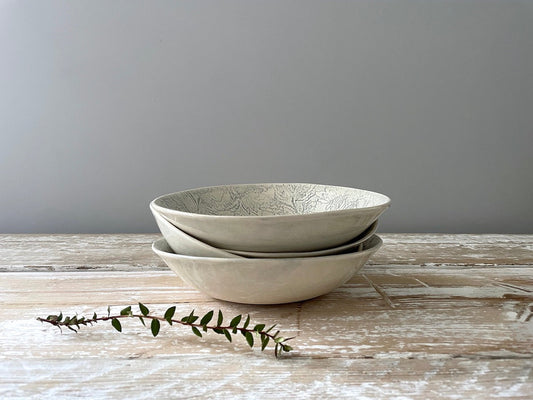 Shallow Pasta Bowl - Duck Egg  Patterned