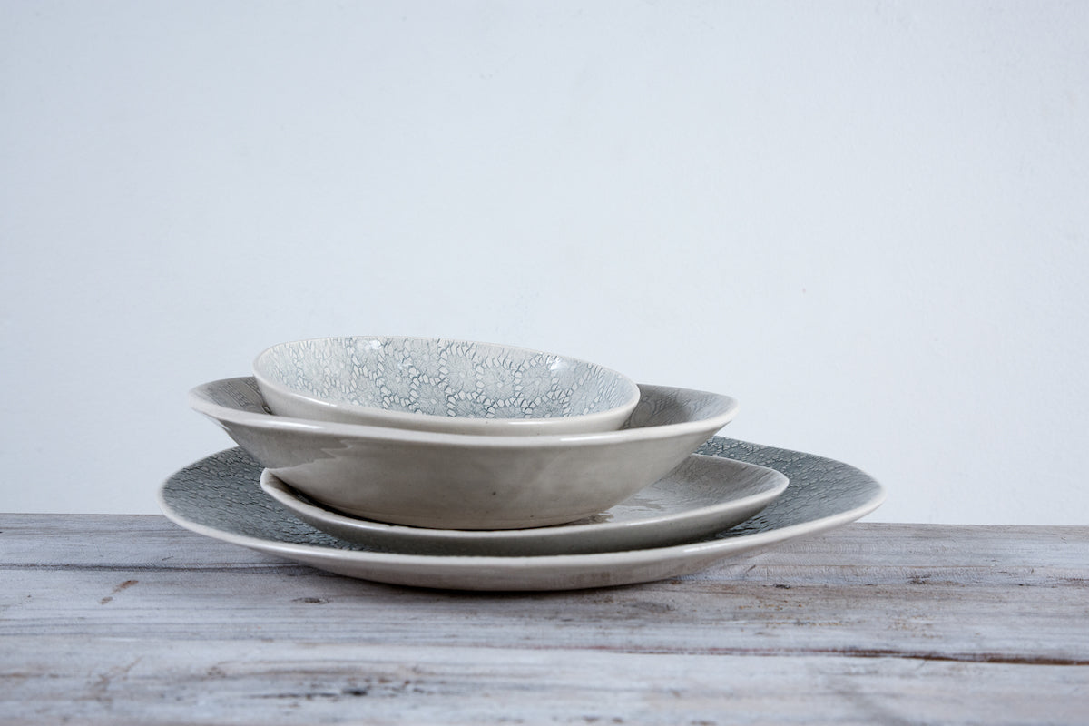 Shallow Pasta Bowl - Duck Egg Patterned