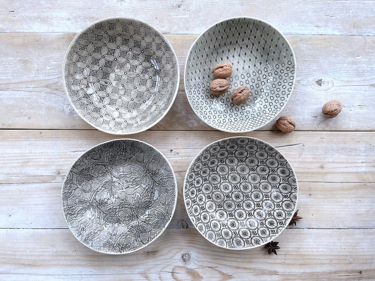 Shallow Pasta Bowl - Charcoal Patterned