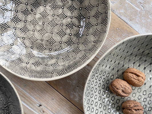 Shallow Pasta Bowl - Charcoal Patterned - Set of 4