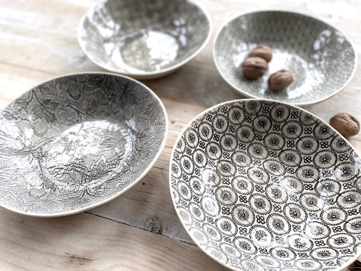 Shallow Pasta Bowl - Charcoal Patterned - Set of 4