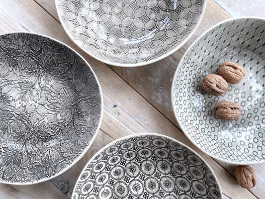 Shallow Pasta Bowl - Charcoal Patterned - Set of 4